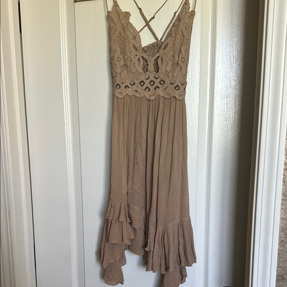 Free People Tan Asymmetrical Ruffled High Low Dress
